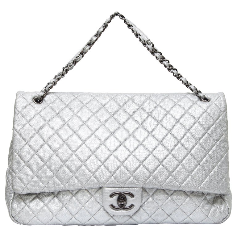 CHANEL Silver Metallic Quilted Leather XXL Travel Flap Bag Chain Gunmetal HW