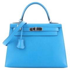 Hermes Kelly Handbag Bleu Frida Madame with Palladium Hardware 28