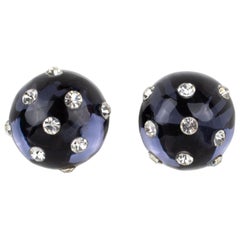 Kaso Navy Blue Lucite Clip Earrings with Rhinestones Paved