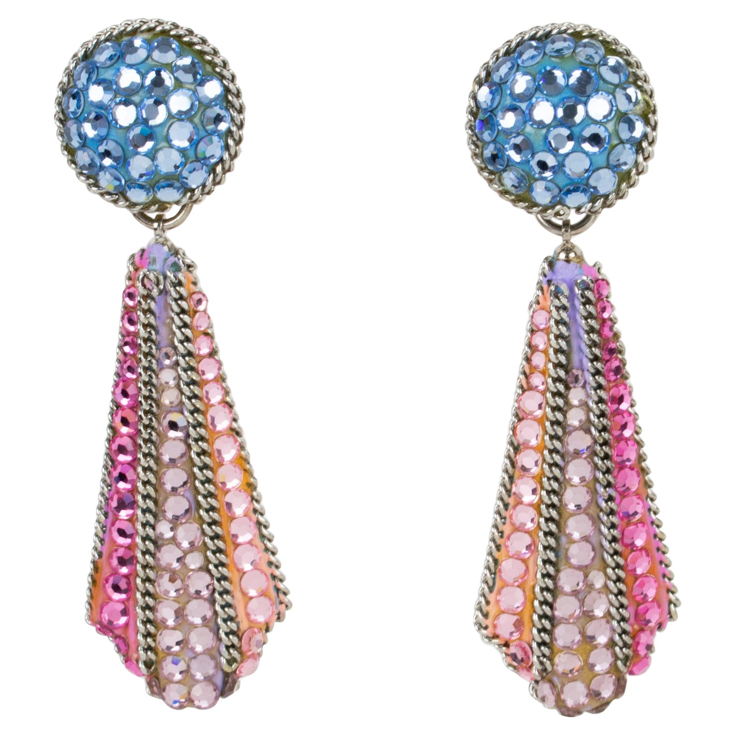 Richard Kerr Dangle Clip on Earrings Pink and Blue Rhinestones Paved