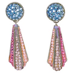 Vintage Richard Kerr Dangle Clip on Earrings Pink and Blue Rhinestones Paved