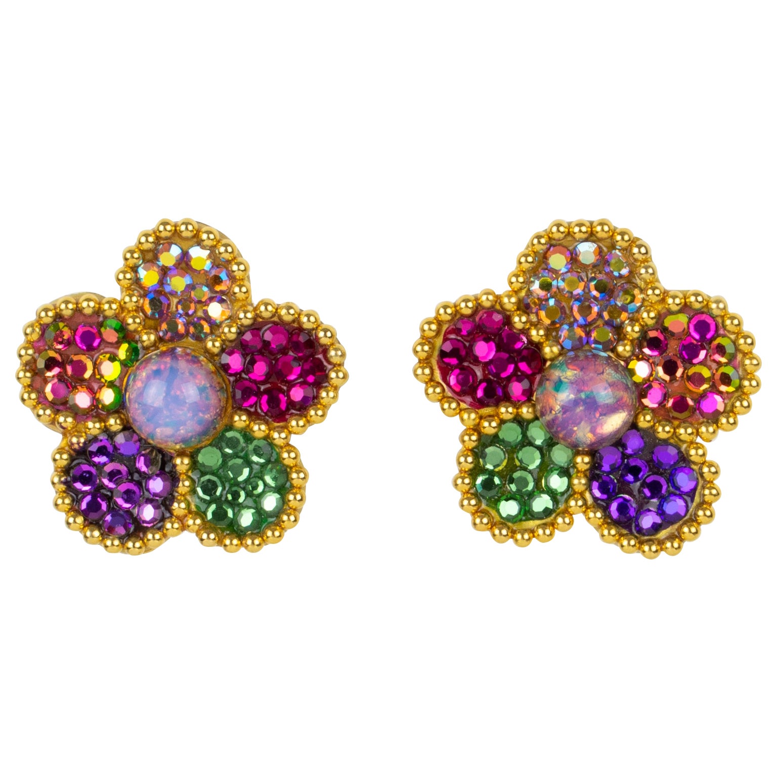 Richard Kerr Multicolor Crystal Flower Clip Earrings For Sale