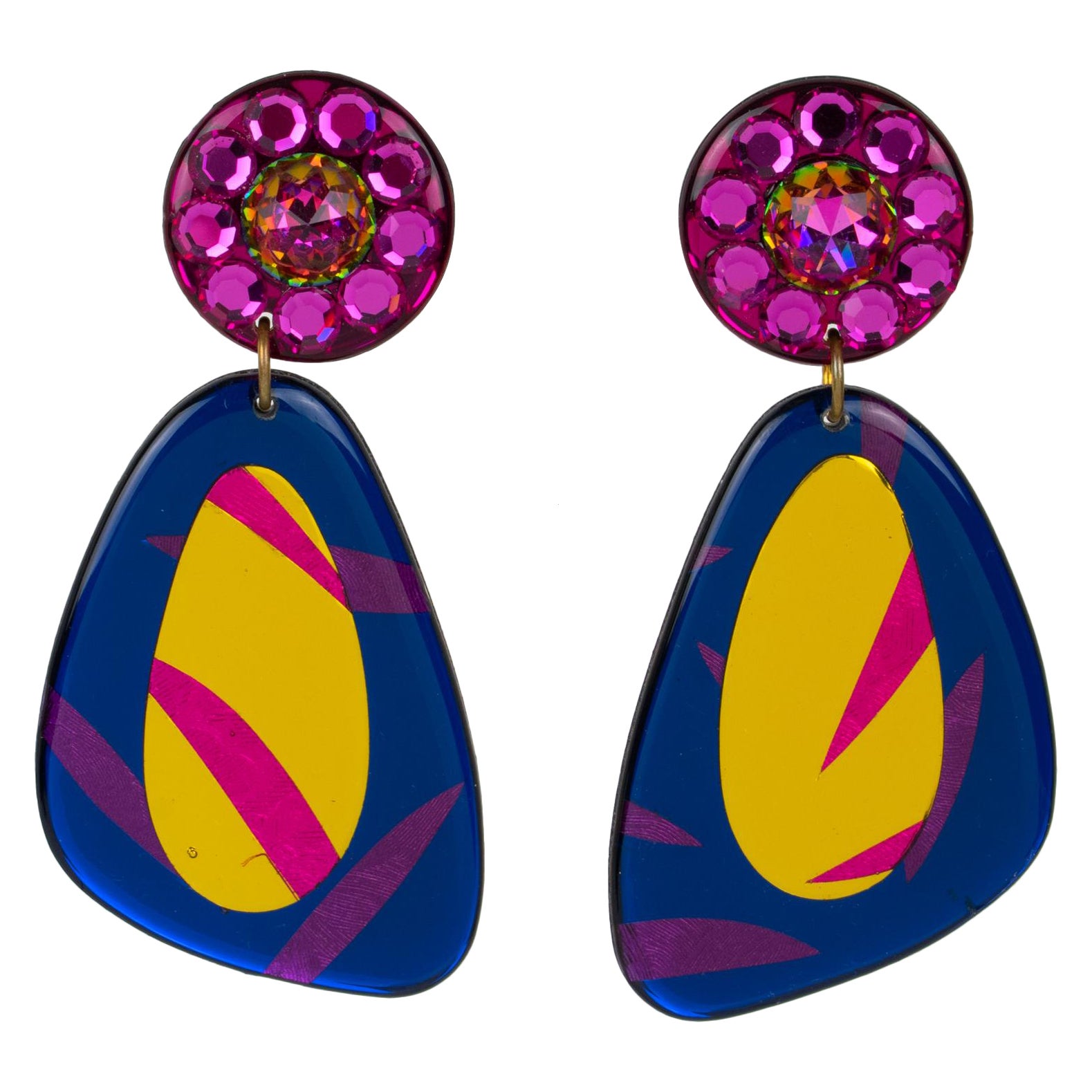 Italian Dangle Lucite Clip Earrings Blue, Gold and Pink For Sale