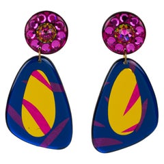 Italian Dangle Lucite Clip Earrings Blue, Gold and Pink