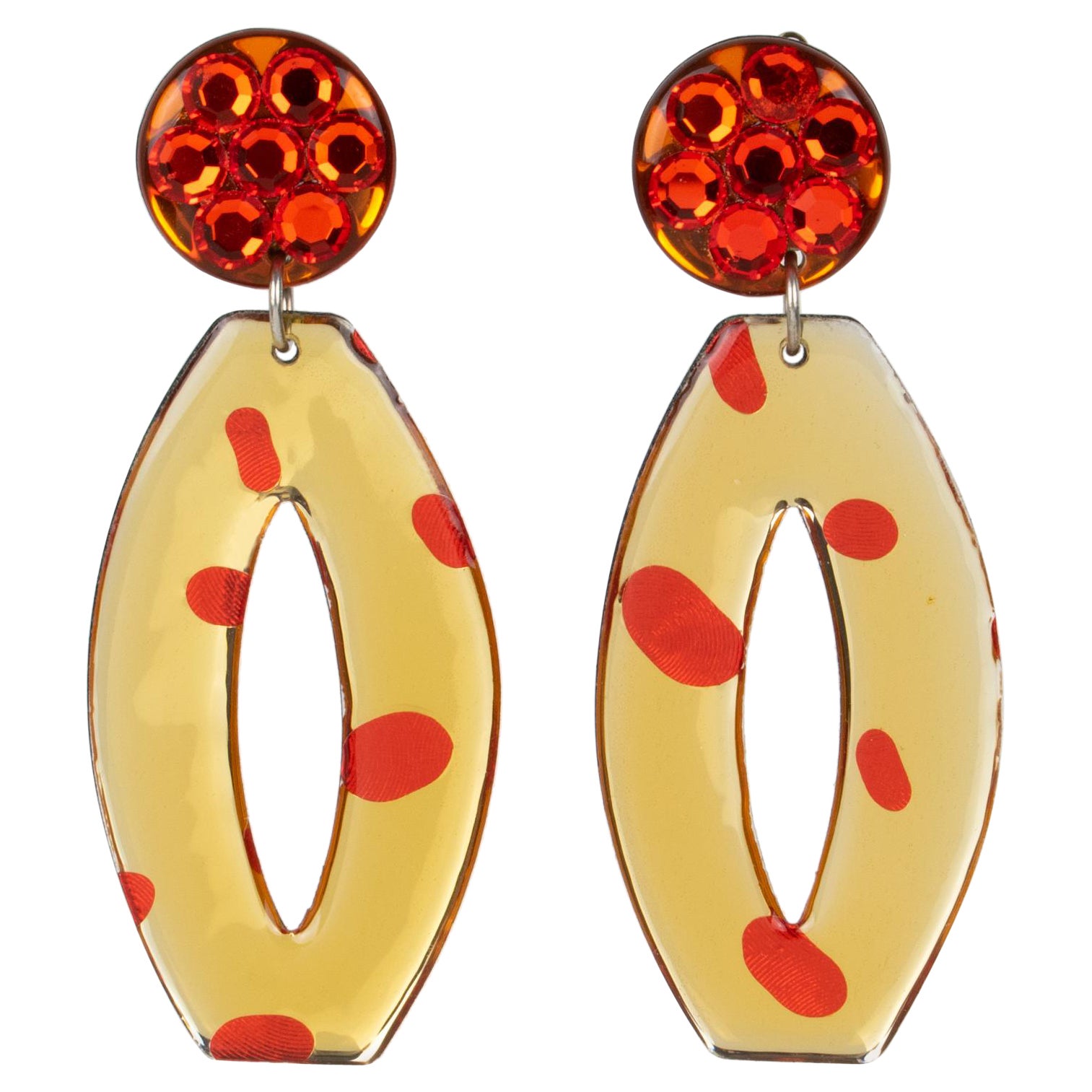Italian Dangle Lucite Clip Earrings Orange and Champagne For Sale