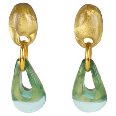 Dominique Denaive Paris Green and Gold Pearlized Resin Dangle Clip Earrings