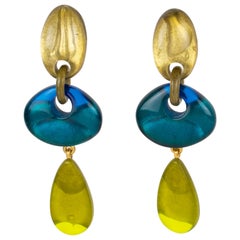 Retro Dominique Denaive Paris Blue and Green Pearlized Resin Dangle Clip Earrings