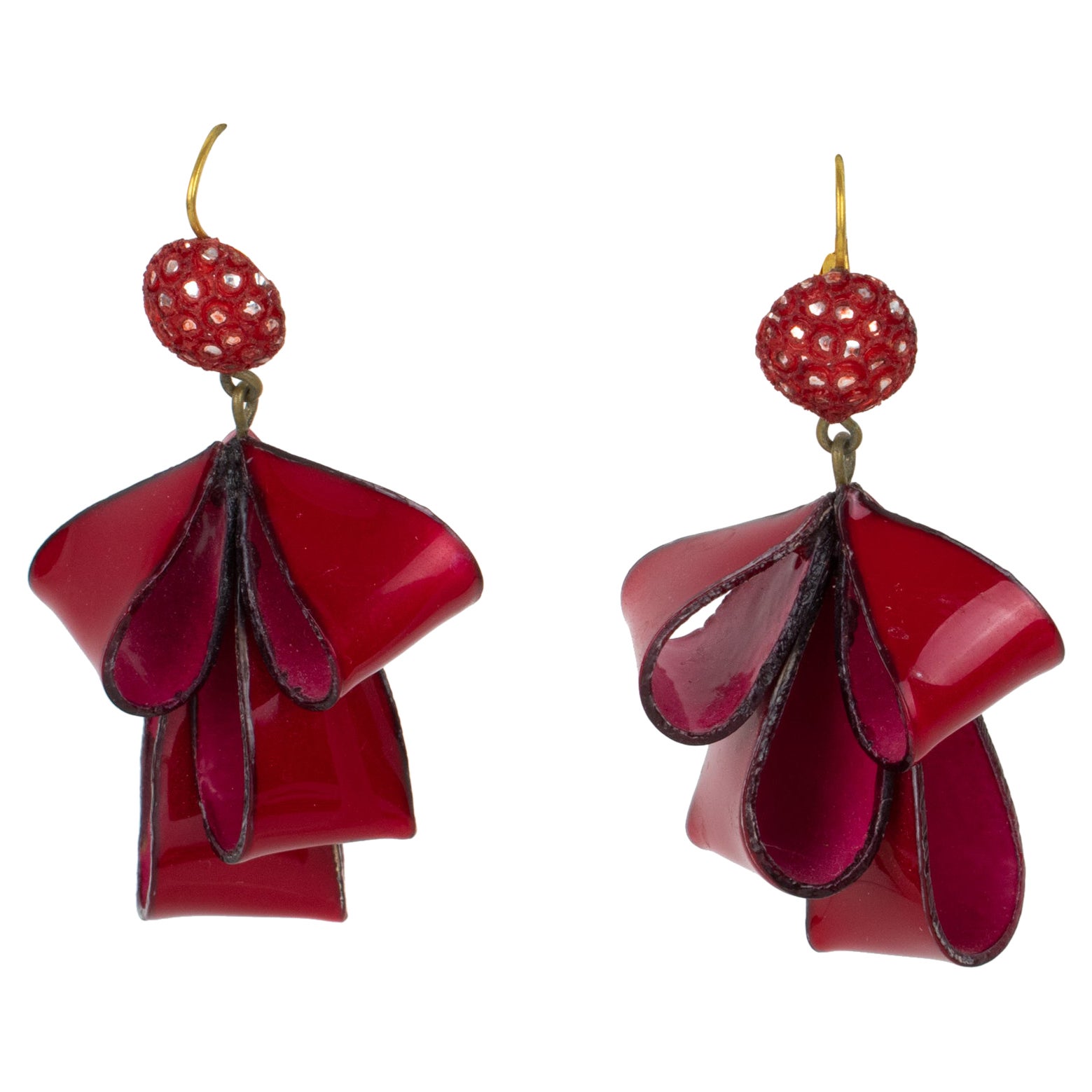Cilea Paris Dangle Resin Pierced Earrings Ruby Red Ribbon For Sale