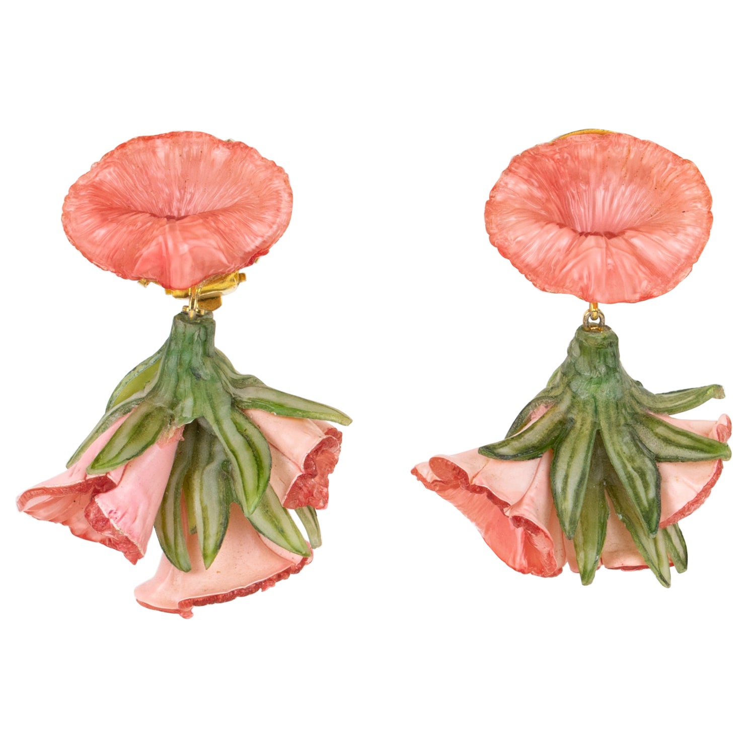 Francoise Montague by Cilea Clip Earrings Pink and Green Resin Flowers For Sale