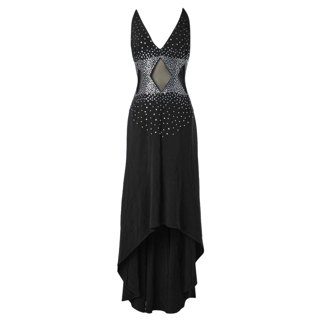 Long asymmetrical evening dress with sequin embroideries and tulle Gai Mattiolo For Sale