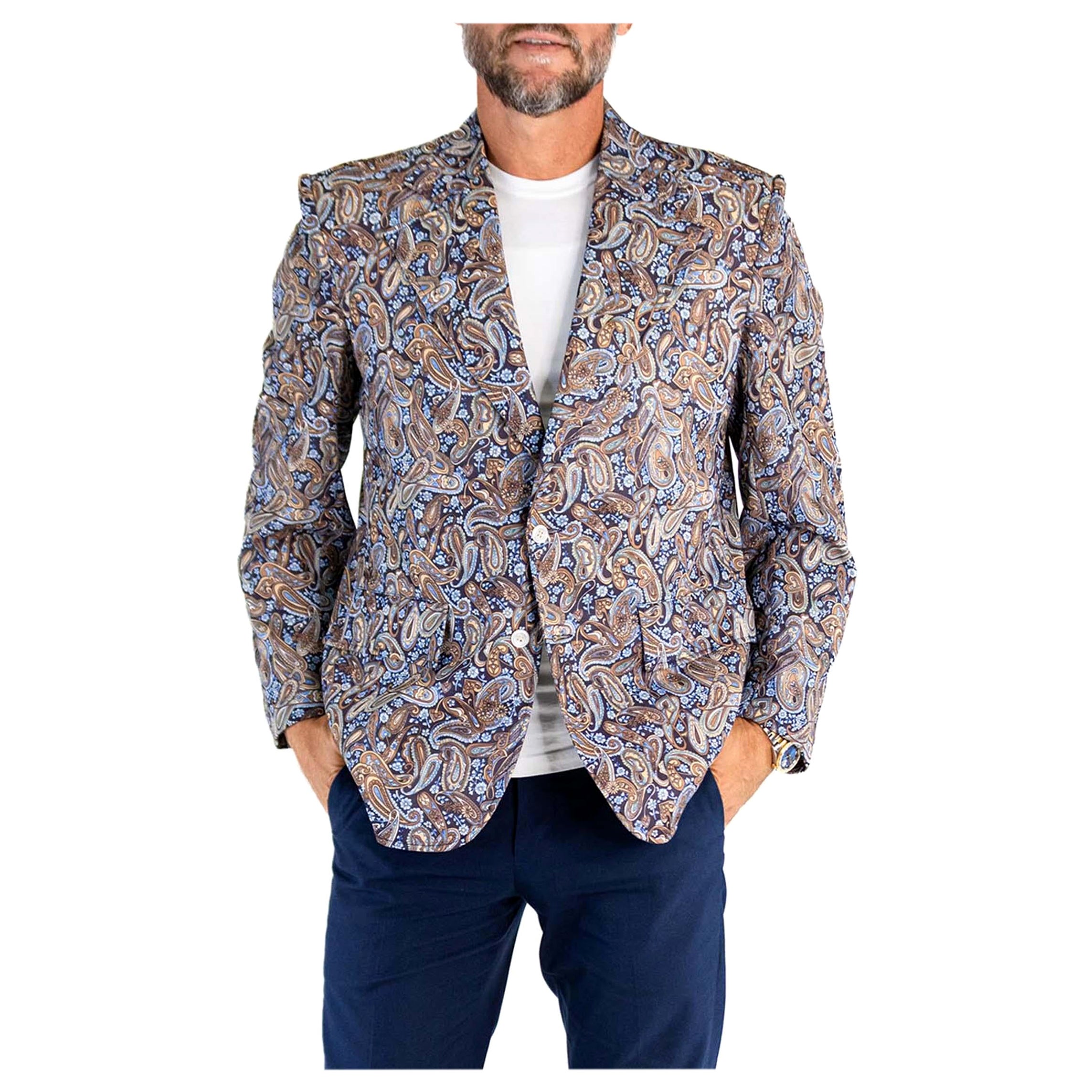 1970S Blue & Brown Polyester Paisley Print Blazer For Sale