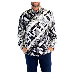1990S Gianni Versace Schwarz & Weiß Seide Geometrische Barock Print Herrenhemd Nwt