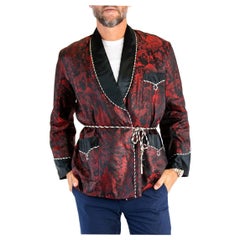Vintage 1950S Black & Red Rayon Blend Jacquard Japanese Scenic Smoking Jacket With Rope