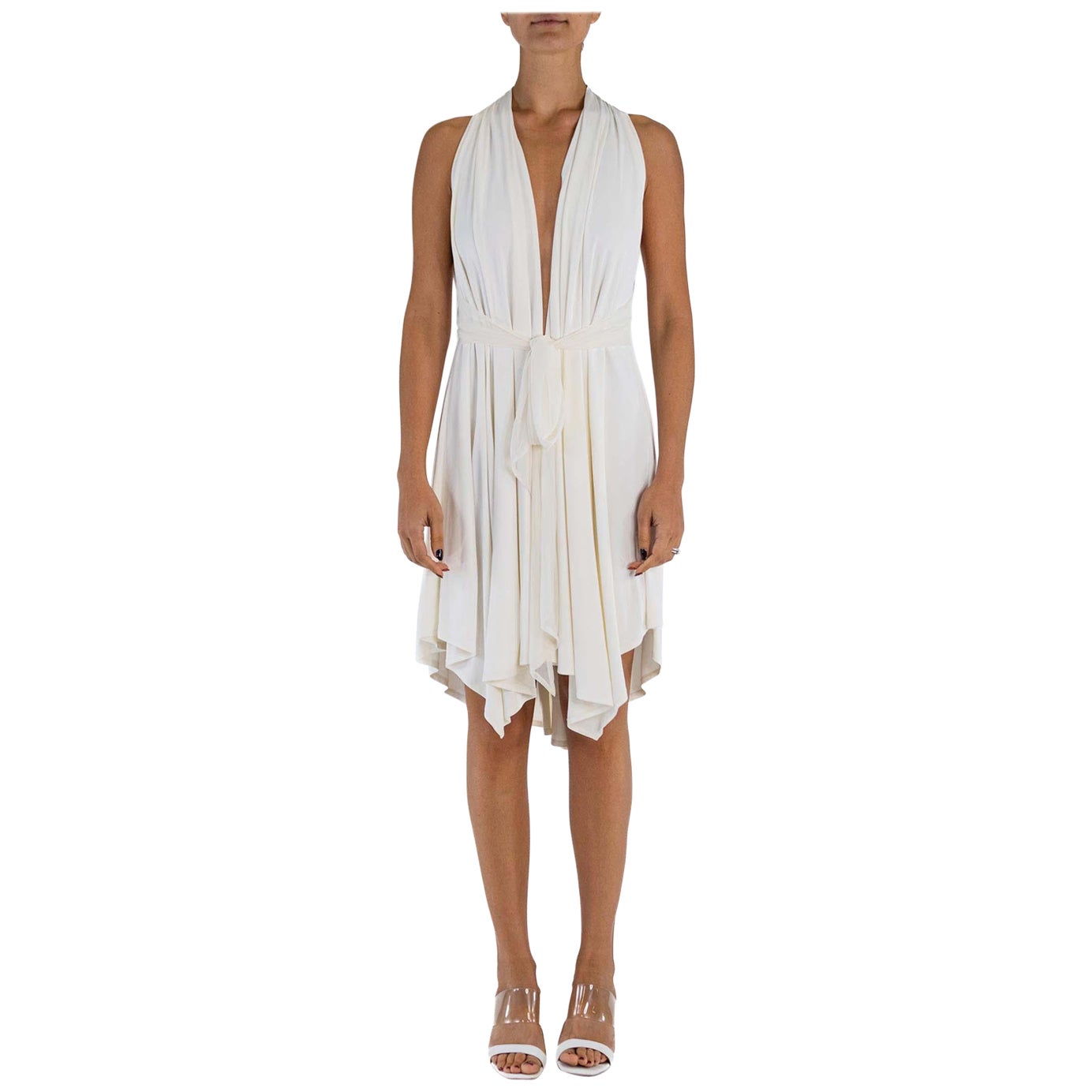 2000S Doo Ri White Rayon Blend Knit Deep V Wide Cut Dress For Sale