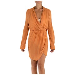 Retro 1970S Peach Rayon Crepe Chiffon Wrap Front Dress With Pockets