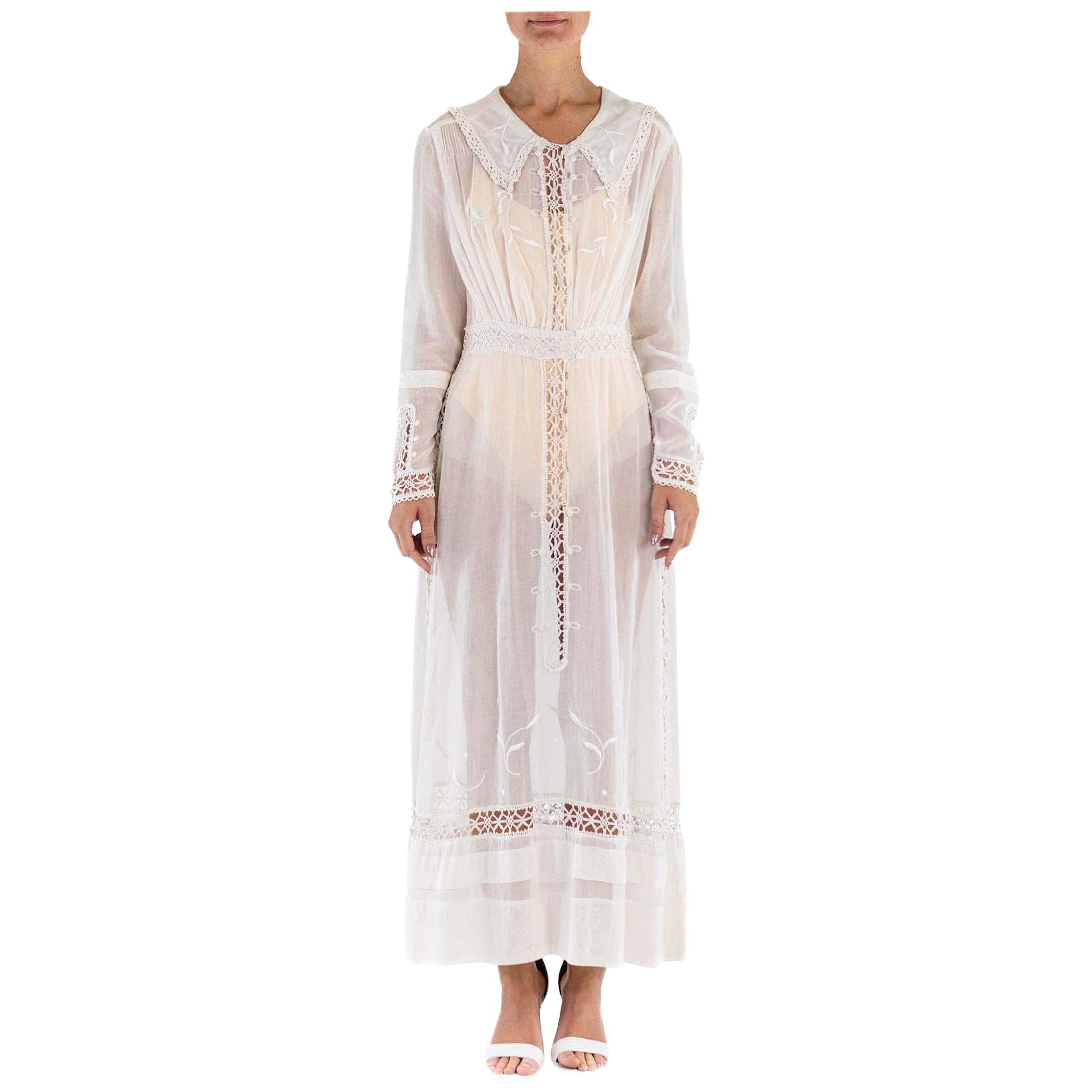 Edwardian White Organic Cotton Lace Sailor Collar Tea Dress With Sleeves For Sale