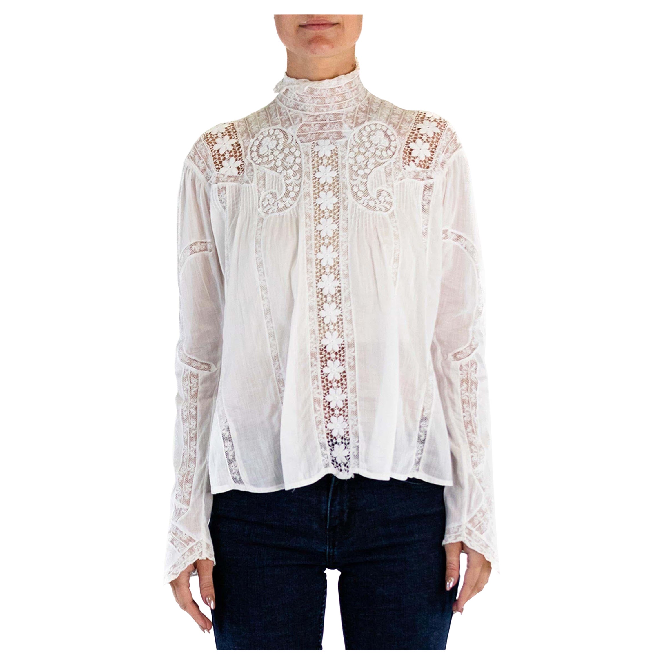 Victorian White Organic Cotton Voile & Lace Swan Neck Blouse For Sale