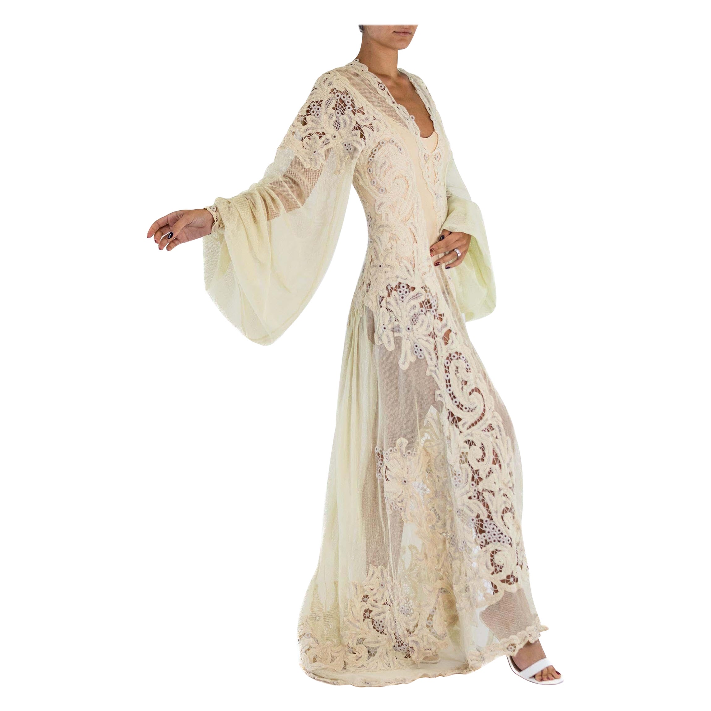 MORPHEW ATELIER Cream Cotton Net & Handmade Victorian Tape Lace Gown With Giant For Sale