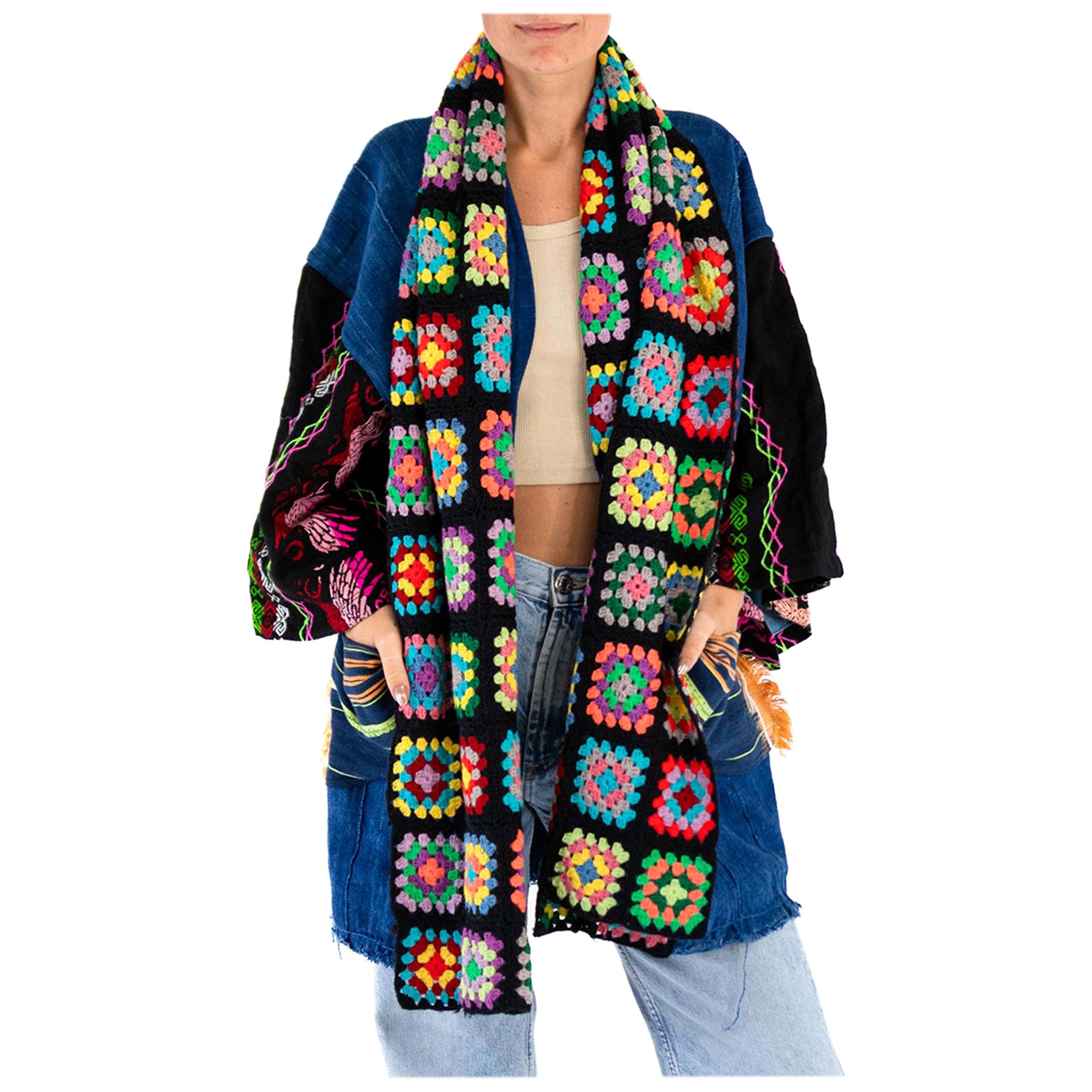 Morphew Collection West African Indigo Cotton Multi Color Crochet Trim Duster For Sale