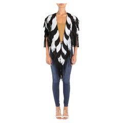 Morphew Collection Black & White Suede Fringe Feather Leather Long Cape