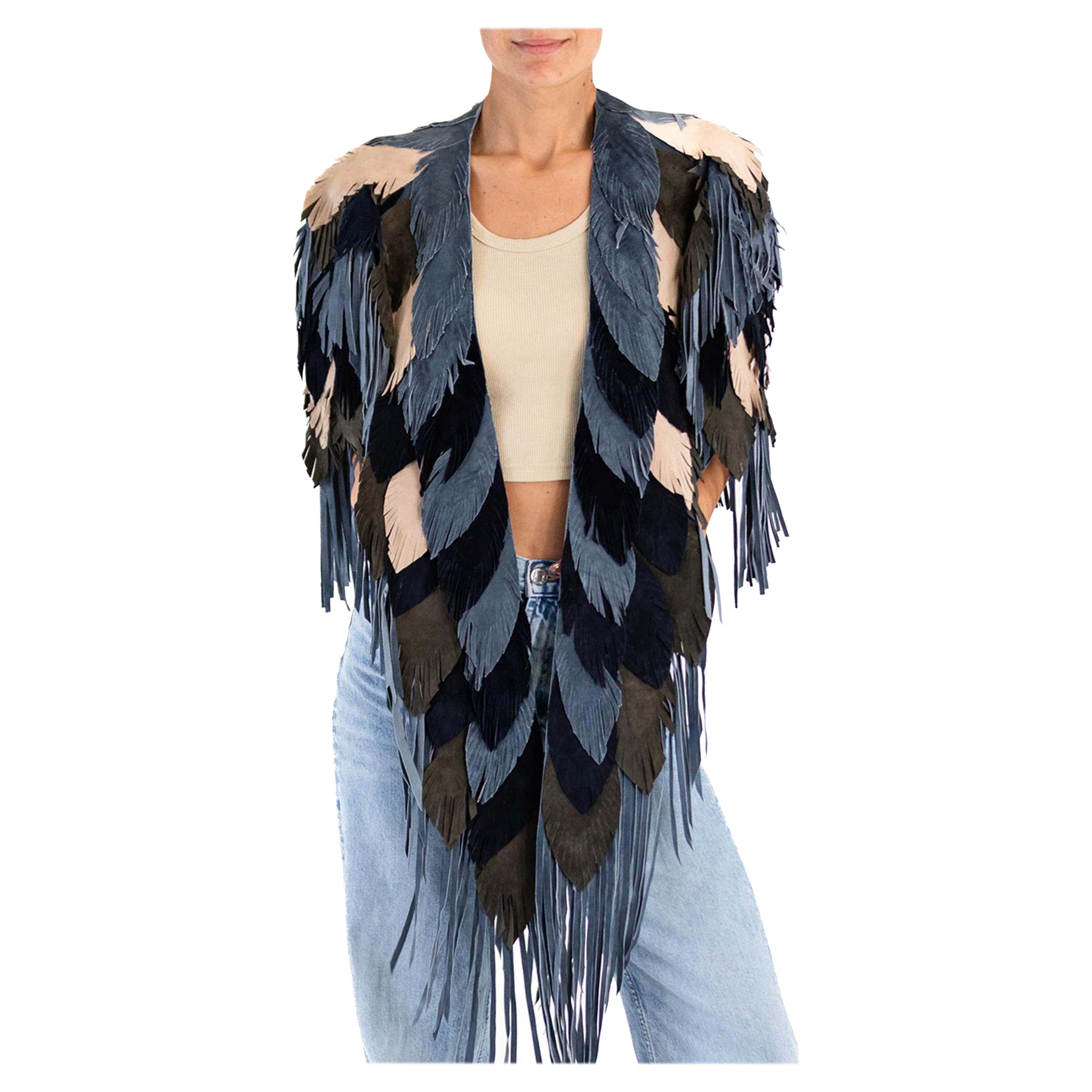 MORPHEW COLLECTION Suede Fringe Feather Leather Long Cape For Sale