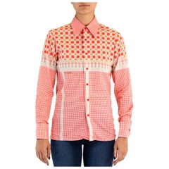 Vintage 1970S NIK Red & Pink Cotton Mens Geometric Disco Shirt