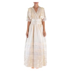 Edwardian Cream Silk Satin & Lace Rare Wedding Or Presentation Gown