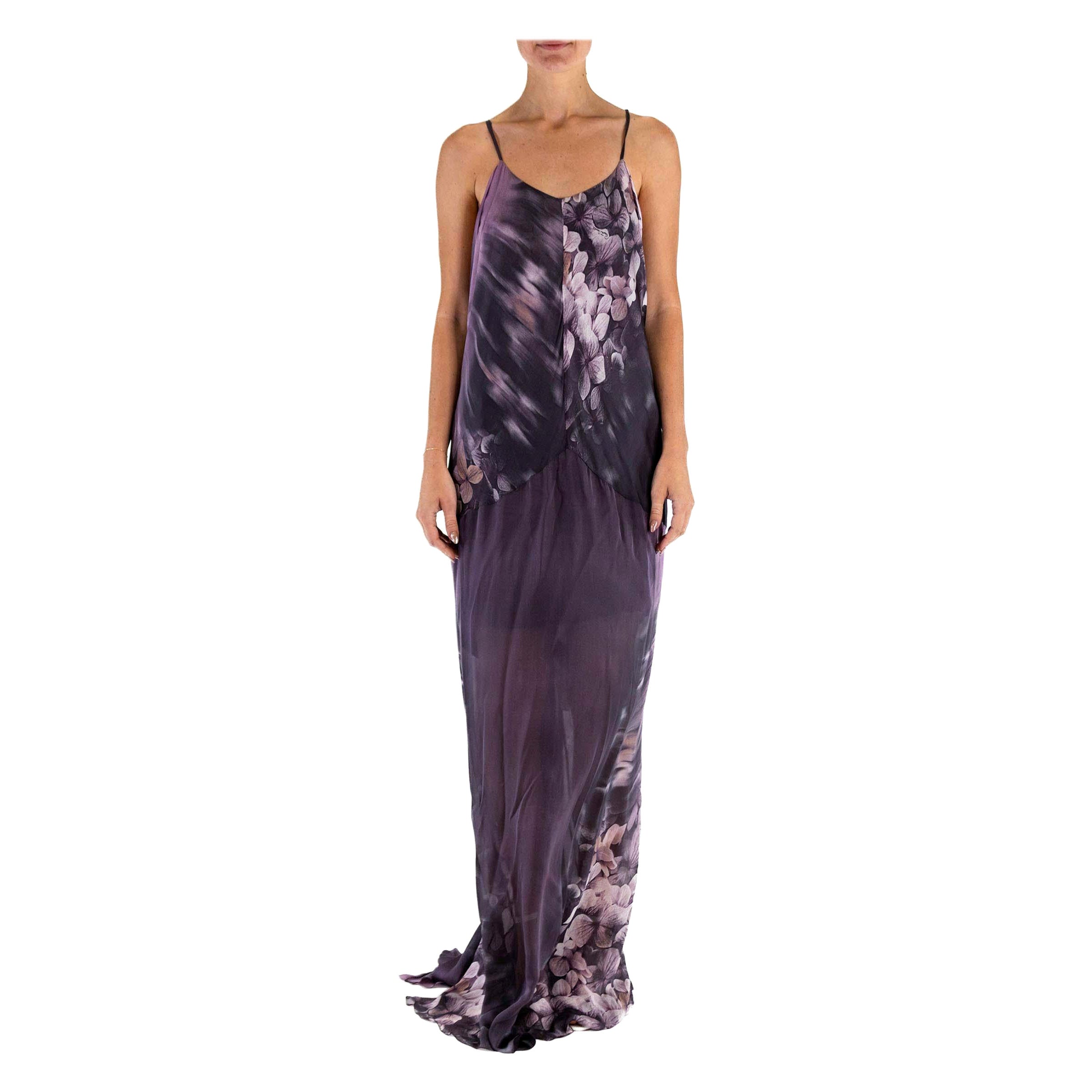 1990S ROBERTO CAVALLI Dark Purple Silk Chiffom Floral Gown For Sale