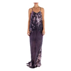 Vintage 1990S ROBERTO CAVALLI Dark Purple Silk Chiffom Floral Gown