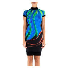 1990S ROBERTO CAVALLI Blue Psychedelic Rayon Blend Cocktail Dress Tropical Fish
