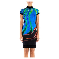 1990er ROBERTO CAVALLI Blaues psychedelisches Cocktailkleid aus Viskosemischung mit tropischen Fischen