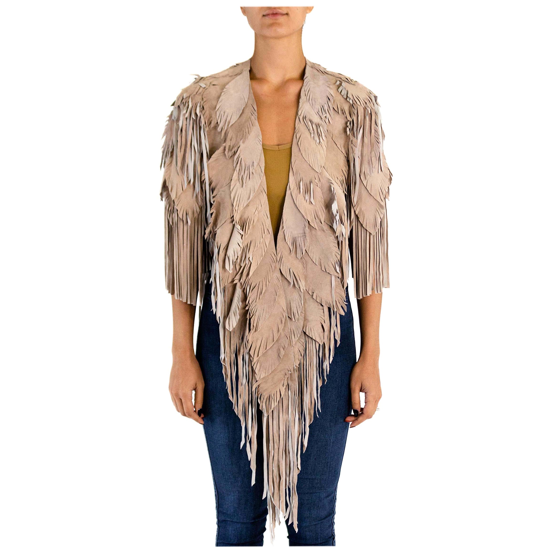 Morphew Collection Sand Piper Suede Fringe Feather Leather Long Cape For Sale
