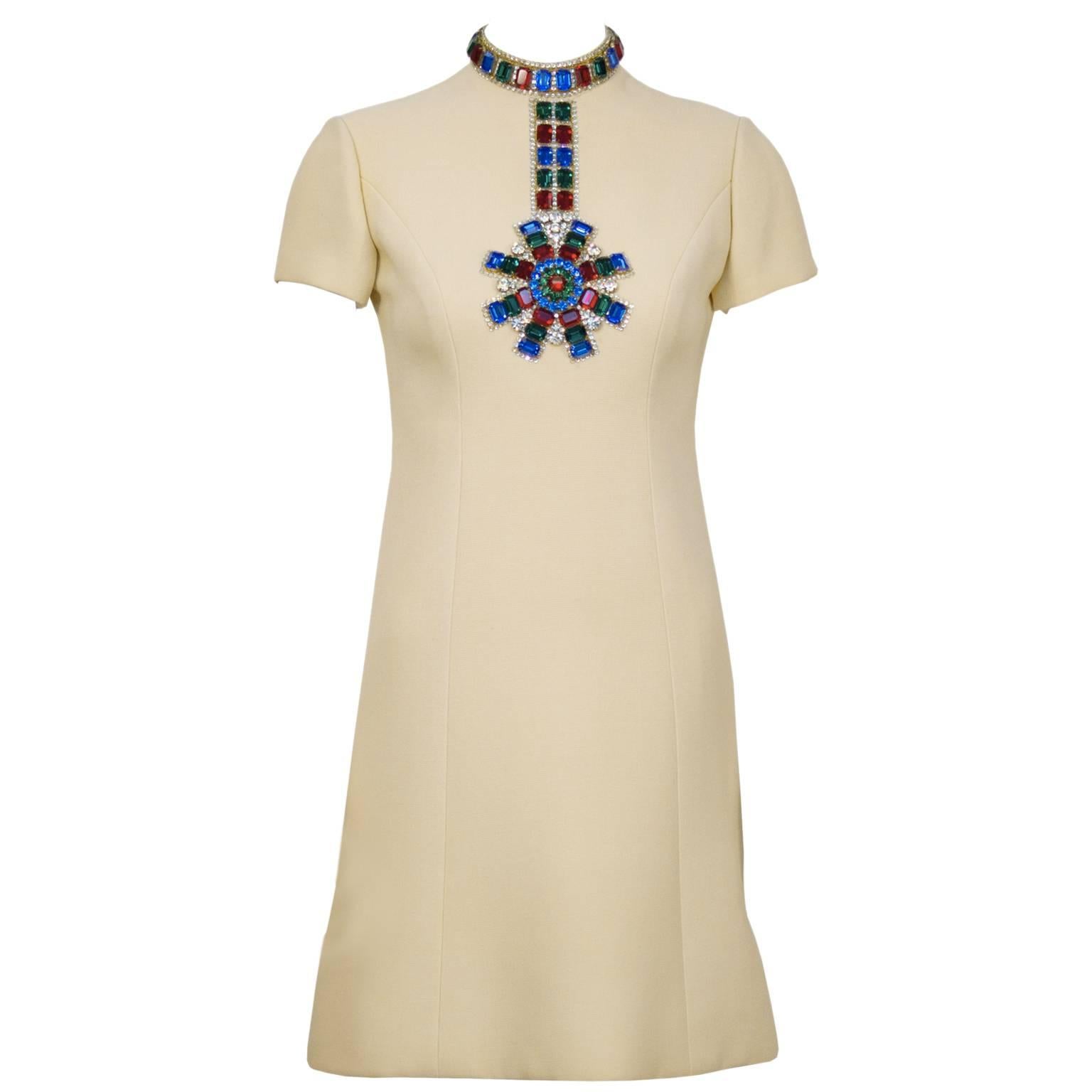 1960's Norell Beige Dress With Large Jewels