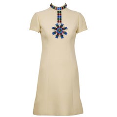 Vintage 1960's Norell Beige Dress With Large Jewels
