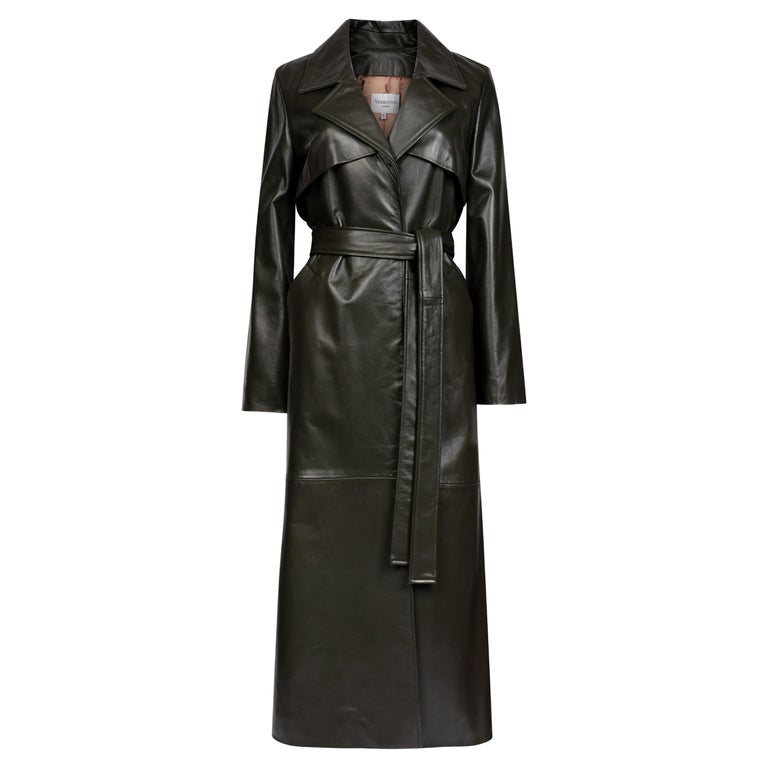 Verheyen London Leather Trench Coat in Dark Khaki Green - Size uk 12 For Sale