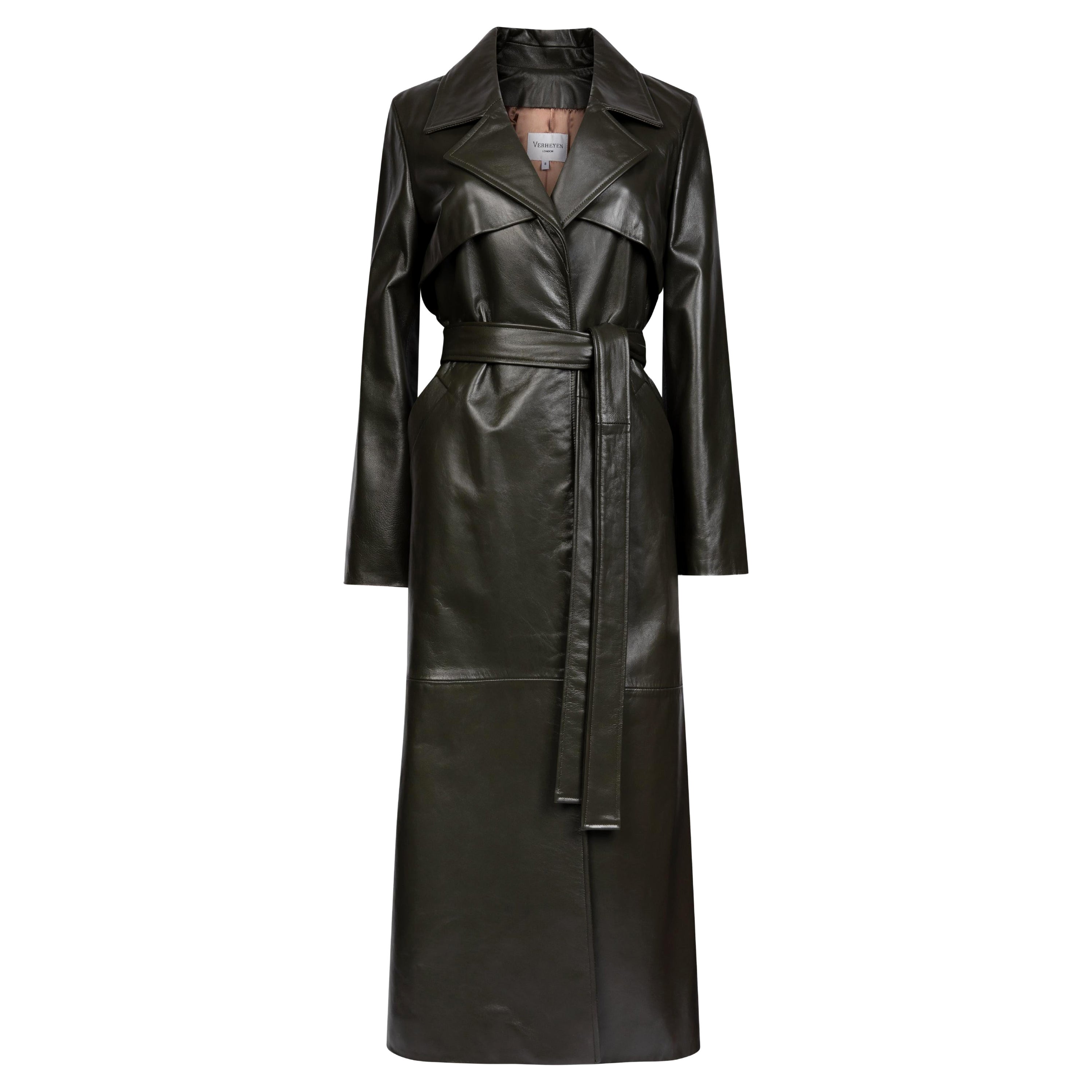 Verheyen Londoner Leder-Trenchcoat in dunklem Khakigrün - Größe Uk 14 im Angebot