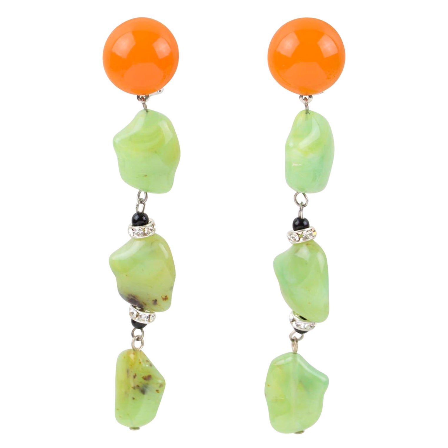 Angela Caputi Dangle Clip Earrings Orange and Green Resin Pebble For Sale