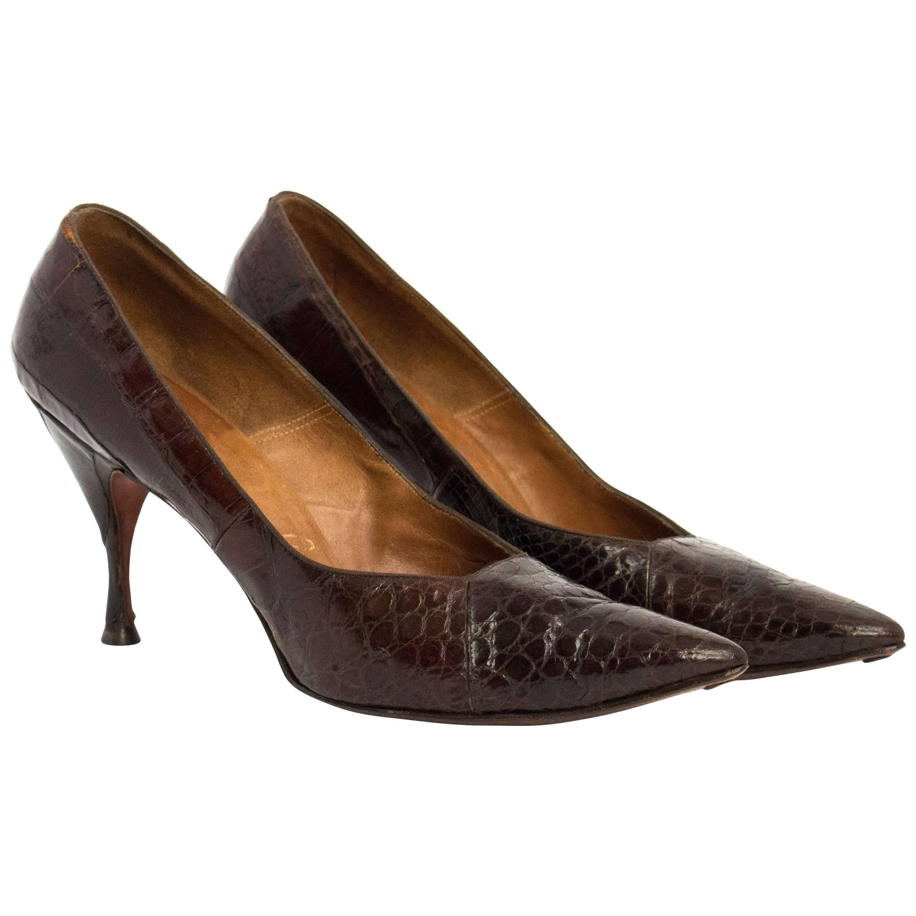 60s Chocolate Alligator Pointed Toe Stilettos For Sale