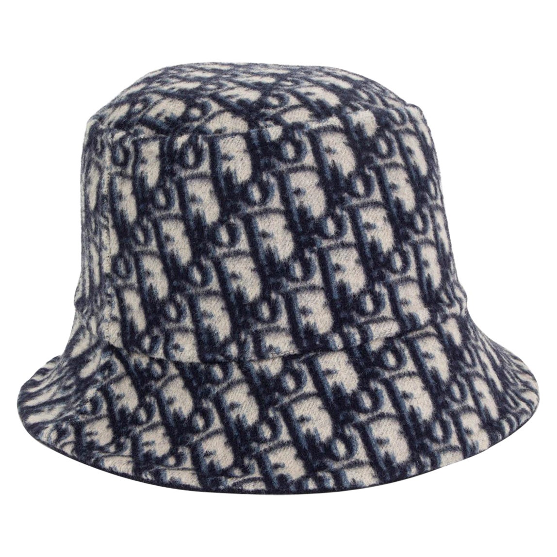 CHRISTIAN DIOR navy & ivory wool REVERSIBLE OBLIQUE BUCKET Hat 58