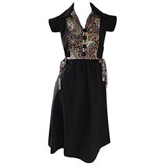 1970s Lord & Taylor Black Linen Paisley Cap Sleeve Vintage Boho A - Line Dress