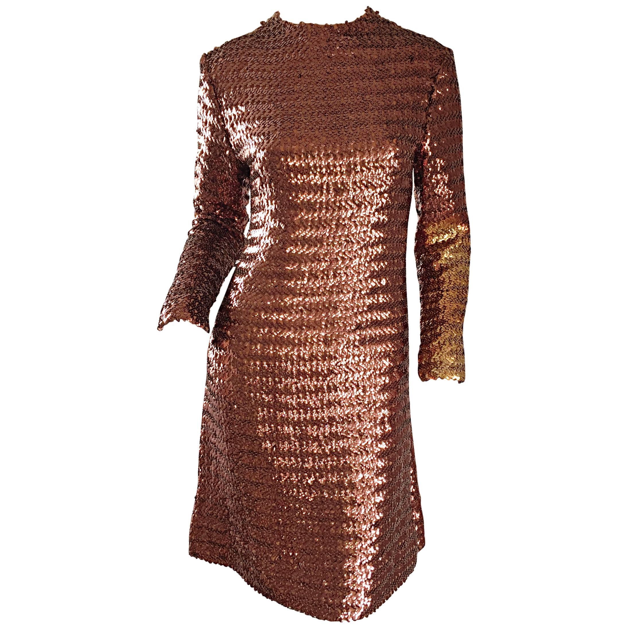 1960s Suzy Perette Bronze Ombre Fully Sequined A Line Vintage Long Sleeve Dress