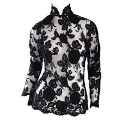 Vintage Gibson Palermo Couture maßgeschneiderte schwarze Seide französische Spitzenbluse