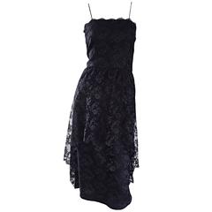 1960s Mollie Parnis Black Silk Chantilly Lace Dipped Hem Vintage Dress w/ Train 10