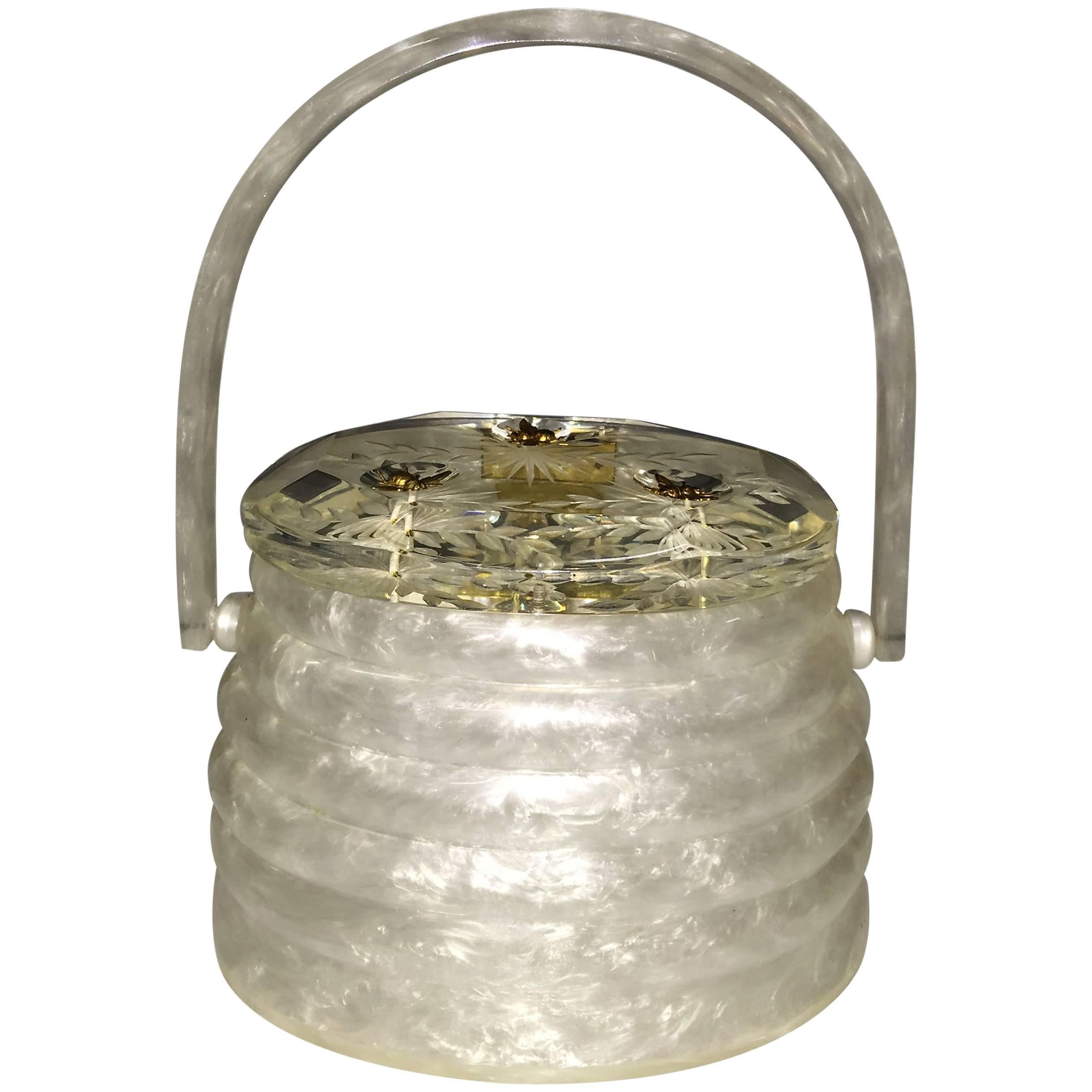 Exceptional White Pearlized Beehive Lucite Handbag with Goldtone Bees