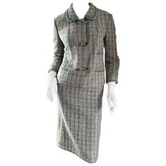 Chic 1960s Roth - Le Cover Aqua Blue + Tan 60s Jackie O Style Skirt Jacket Suit 9