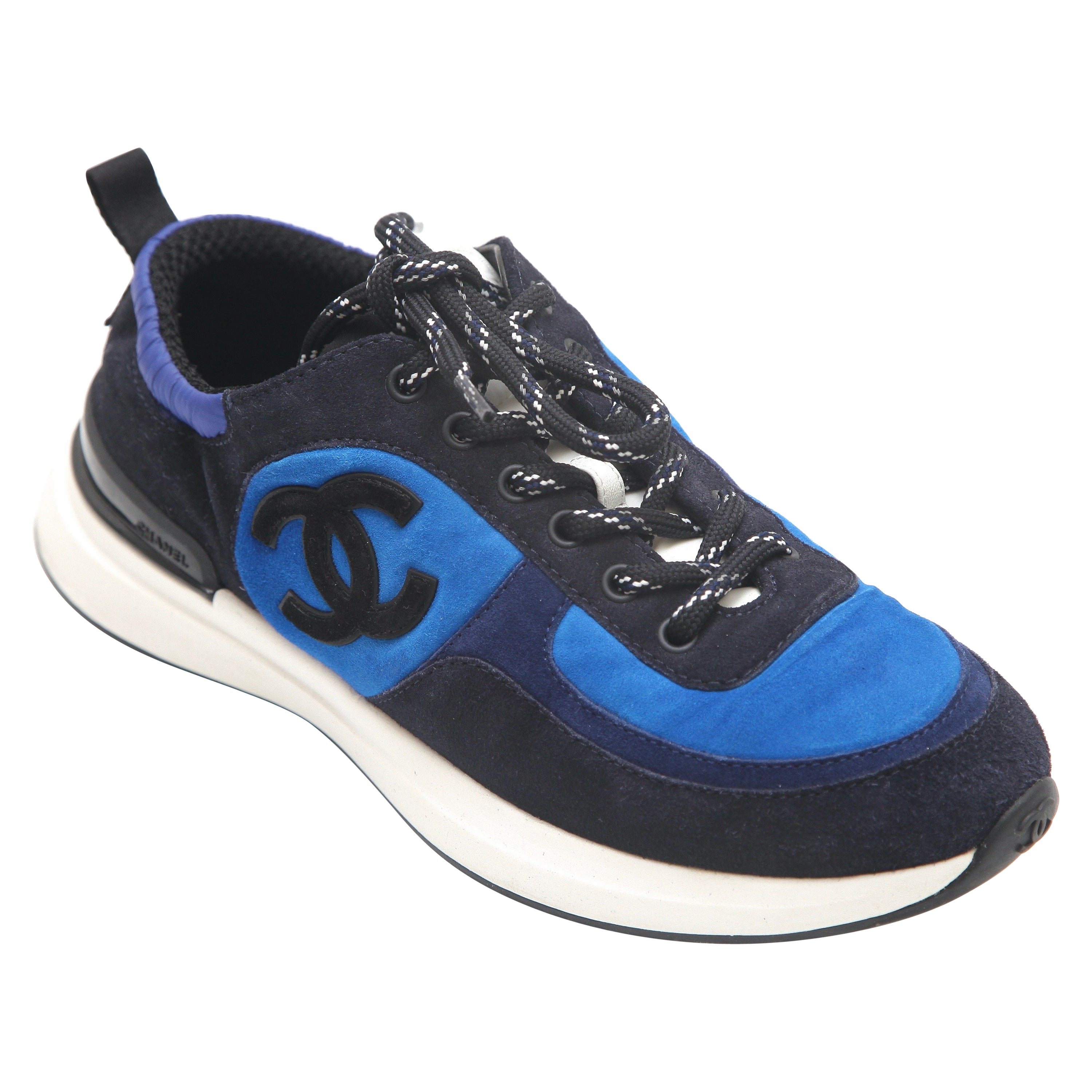 CHANEL Sneaker Trainer Suede Blue Black CC Logo Lace-Up Low Top Sz 38 2021