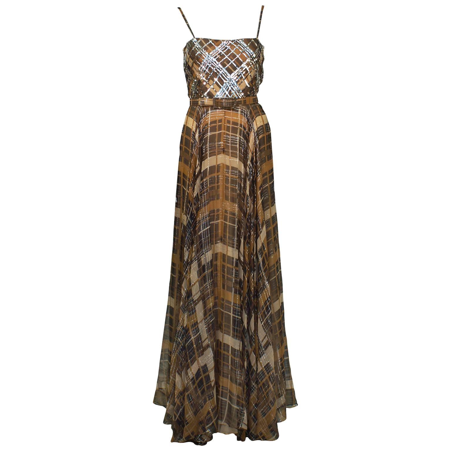 1970's Lew Prince of Aldrich Plaid Chiffon Gown with Belt For Sale