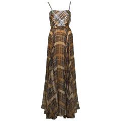 1970's Lew Prince of Aldrich Plaid Chiffon Gown with Belt