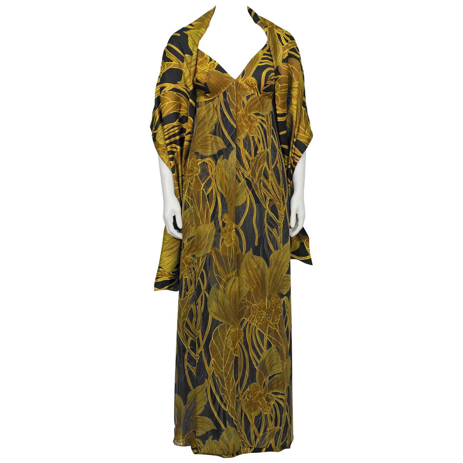 Anonymous Gold-schwarzes geblümtes Kleid aus den 1970er Jahren