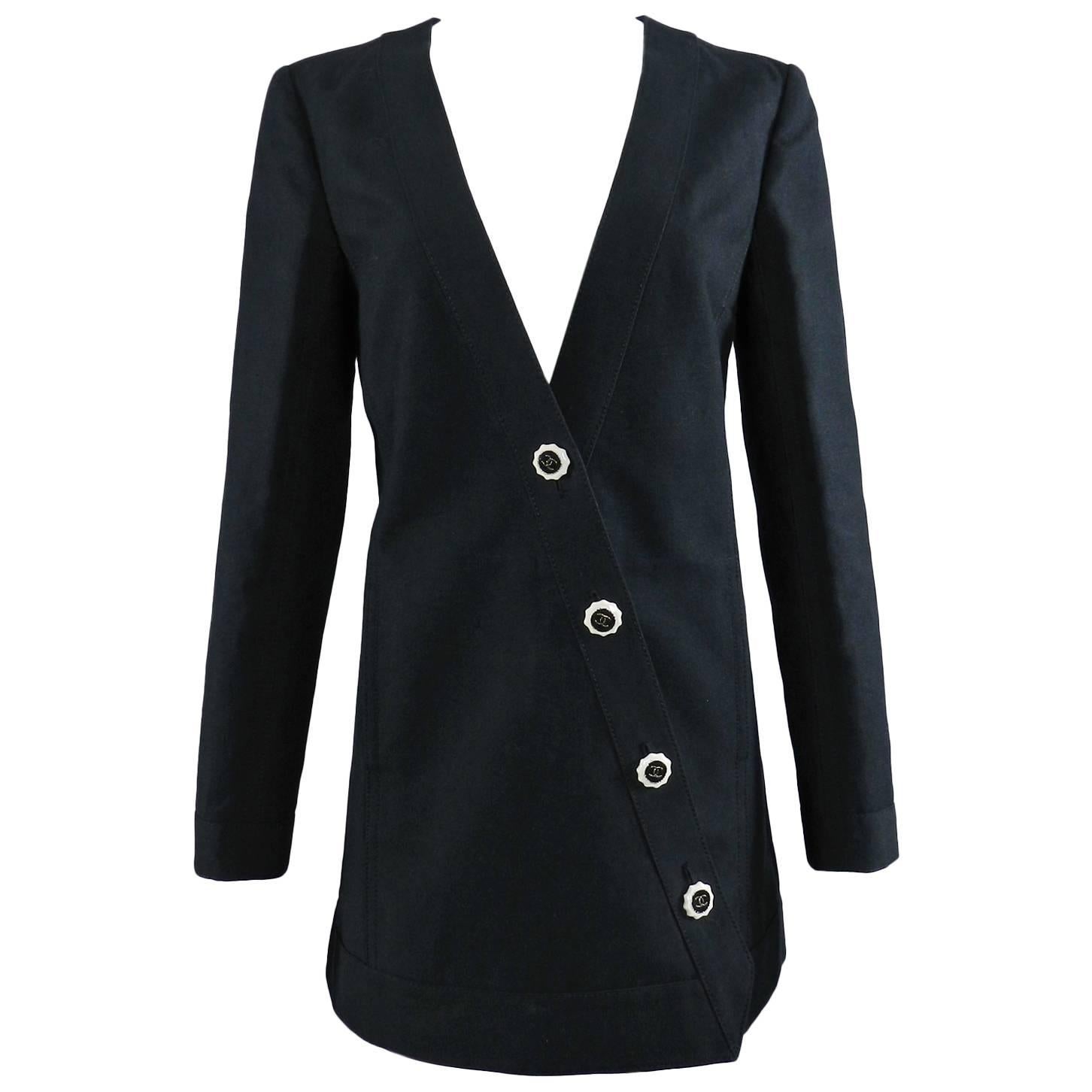 CHANEL 14C Runway Black Cotton Linen Jacket with White Buttons